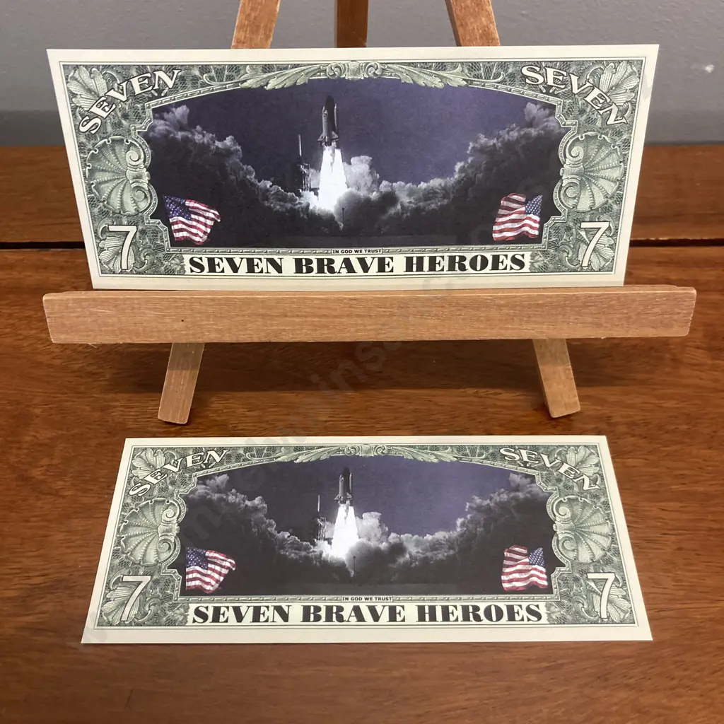 Pair of Space Shuttle Challenger Seven Dollar Novelty Bills Image 1++